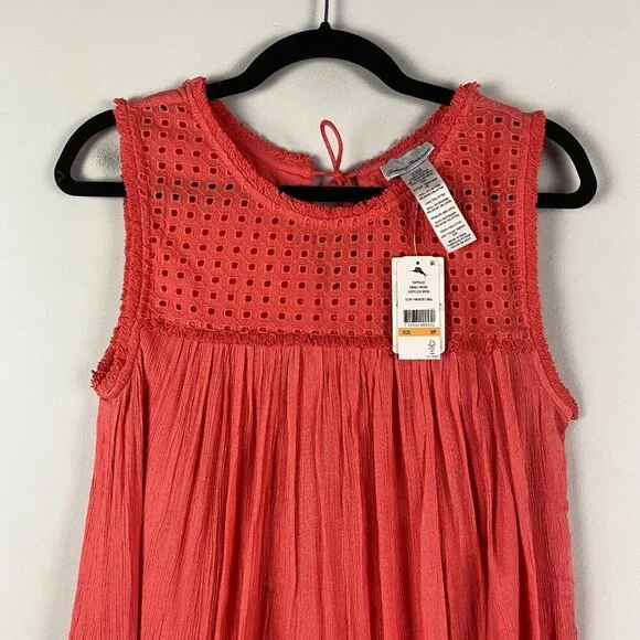 Tommy Bahama Sleeveless Dress Size Small Coral Raw Edge Tassel Crinkle Rayon - Picture 2 of 10
